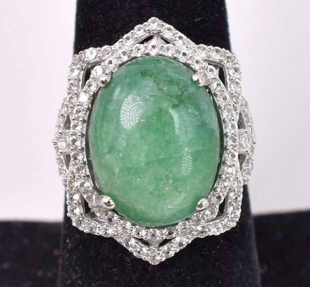 Dazzling 10.19CTS Cabochon-Cut Natural Emerald & 3.27CTW White Topaz Ring in Sterling Silver