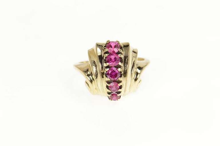10K Yellow Gold 1930's Ornate Syn. Ruby Scroll Statement Ring