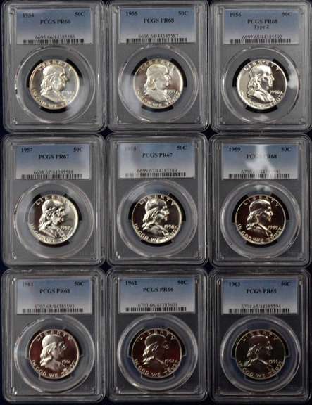 Run Of Proof Franklin Half Dollars 1954-1963 NO 1960. PCGS PR65-PR68.