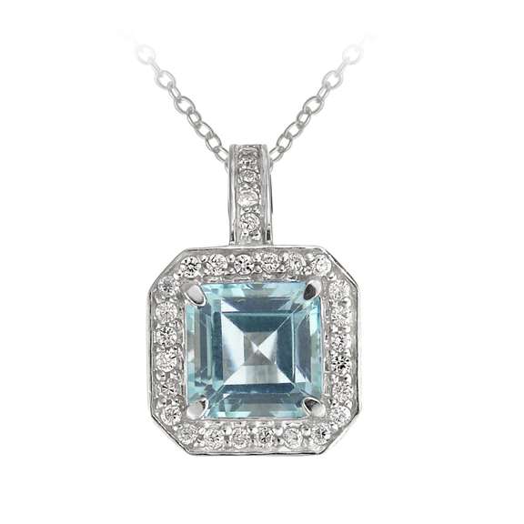 Sterling Silver 6.2ct Blue Topaz & CZ Square Necklace