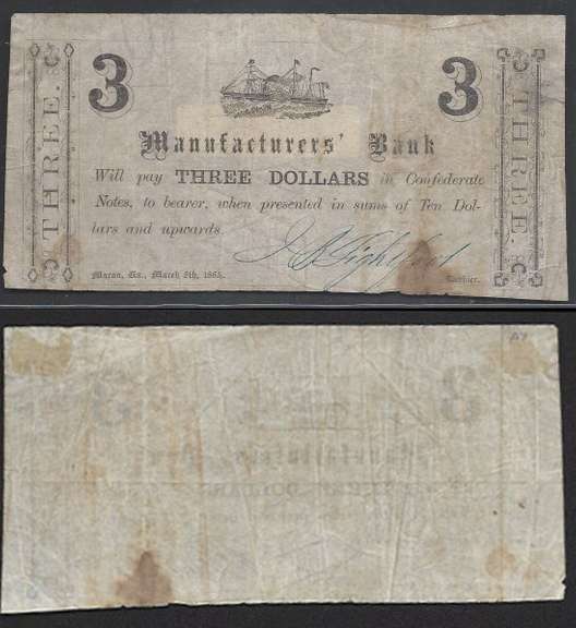 $3 1864 Manufacturer's Bank Macon GA