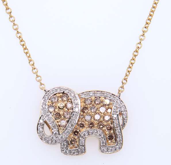Charming Yellow Gold Champagne and White Diamond Elephant Pendant on Chain