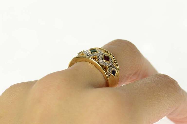 14K Yellow Gold Ornate Emerald Ruby Sapphire Diamond Band Ring