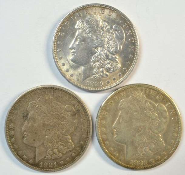 1921 P-D-S Morgan Silver Dollars. Last year of issue