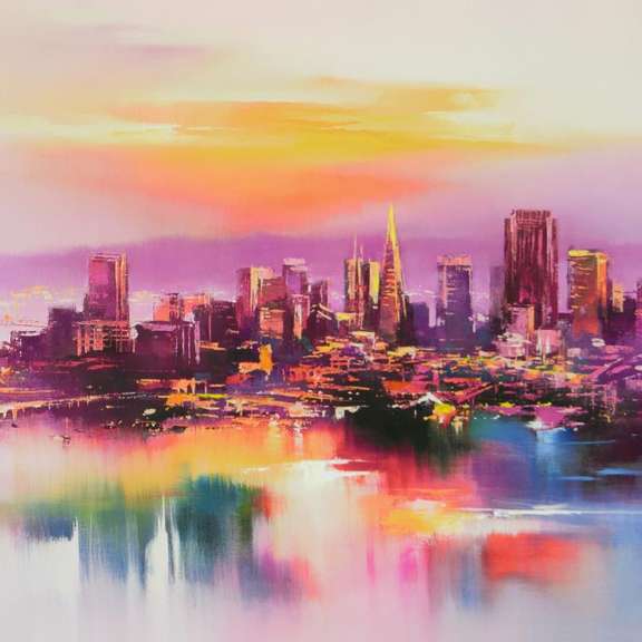 H. Leung, "San Francisco at Dusk" Limited Edition on Canvas, Numbered and Hand Signed with Letter of Authenticity.
