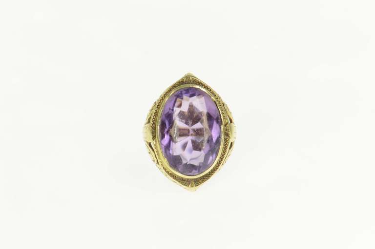 14K Yellow Gold Art Nouveau Amethyst Ornate Scroll Cocktail Ring