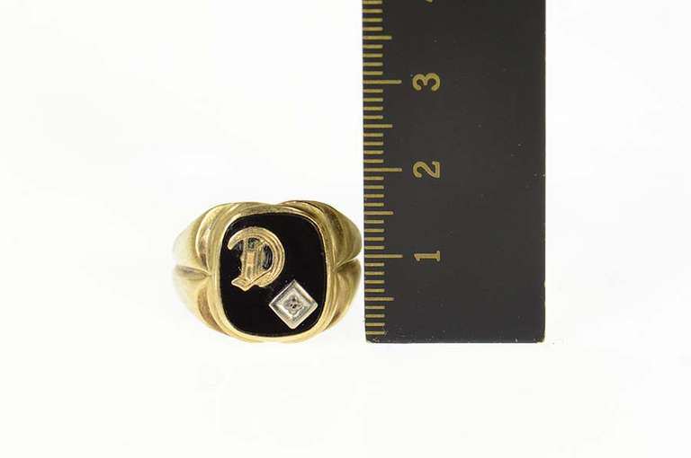 10K Yellow Gold Onyx D Monogram Letter Initial Diamond Ring