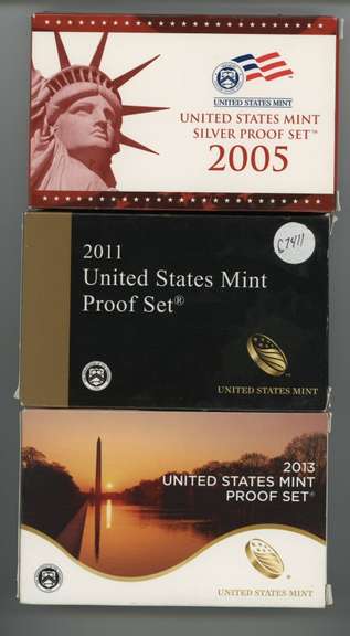 3 Silver US Proof Sets 2005, 2011, &  2013 with Box/COA