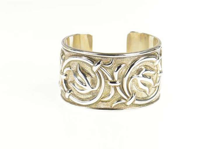 Sterling Silver Elaborate Scroll Design Floral Wide Cuff Bracelet