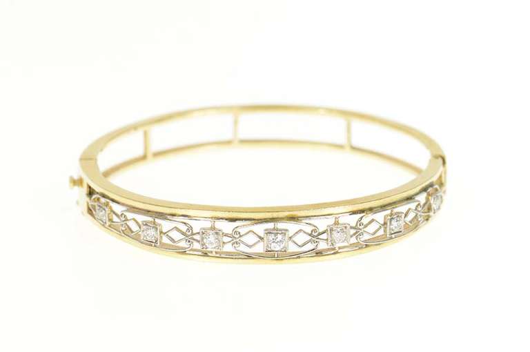 14K Yellow Gold 0.35 Ctw Art Deco Diamond Filigree Bangle Bracelet