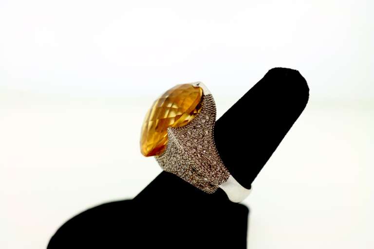 One of the Kind Special hand made Designed 18KT white gold Citrine and Diamond Ring