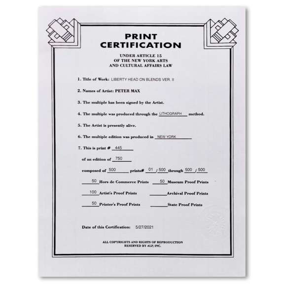 Peter Max, "Liberty Head on Blends Ver II" Framed Limited Edition Lithograph, Numbered 445/500 and Hand Signed with Certificate of Authenticity.