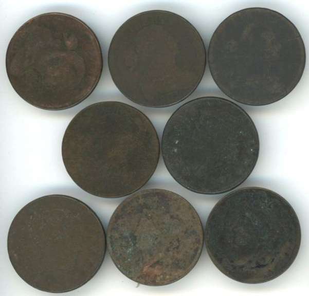 8 Dated low end US Large Cents from 1800 to 1832