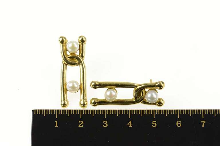 18K Yellow Gold Pearl Ornate Retro Criss Cross Drop Earrings