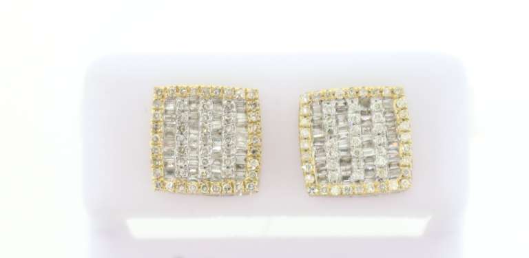 Baguette Diamond Earrings edged with 14k Yellow Gold and Round Diamonds