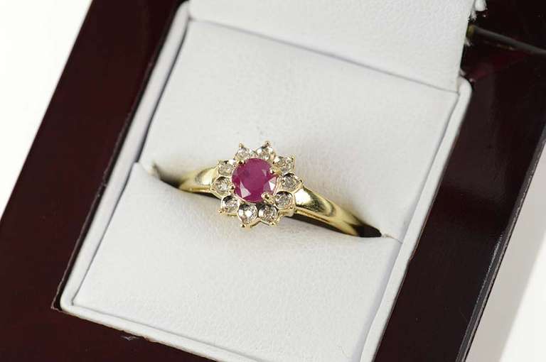 14K Yellow Gold Natural Ruby Diamond Halo Flower Engagement Ring