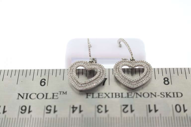 Triple Row Diamond Encrusted Hear Earrings with 14k White Gold