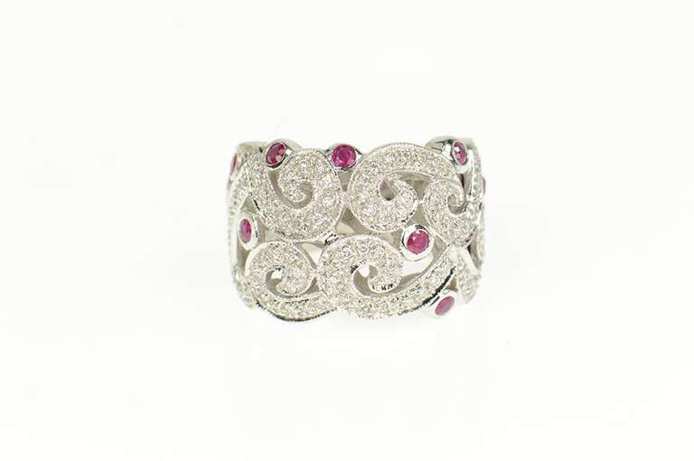 18K White Gold 1.07 Ctw Ruby Diamond Ornate Swirl Statement Ring