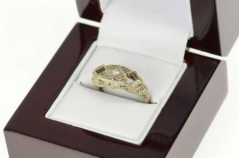 14K White Gold Diamond Ornate Art Deco Filigree Engagement Ring