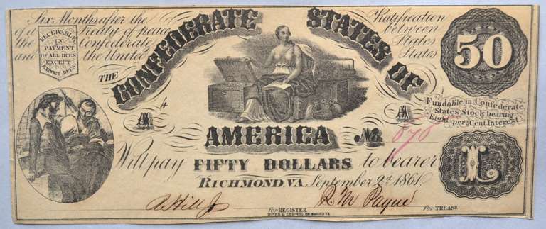 Sept 2 1861 $50 Confederate States Note Uncirculated