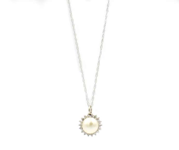 Elegant Pearl & Diamond Halo Pendant Necklace in 14K