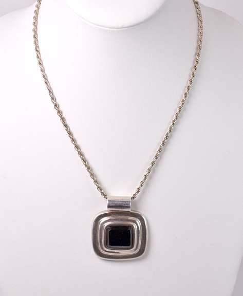 Large Onyx Pendant Necklace in Sterling Silver