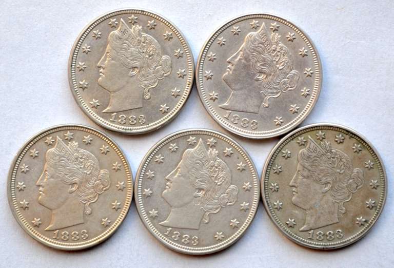 5 Sharp Raw 1883 Rackateer Nickels