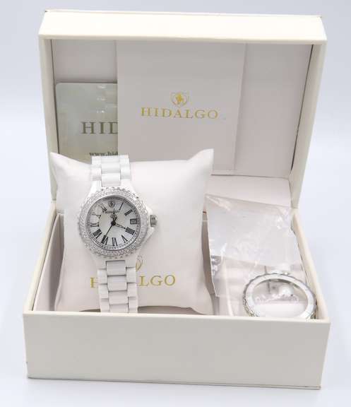 Hidalgo White Ceramic Roman Dial Diamond Bezel Watch