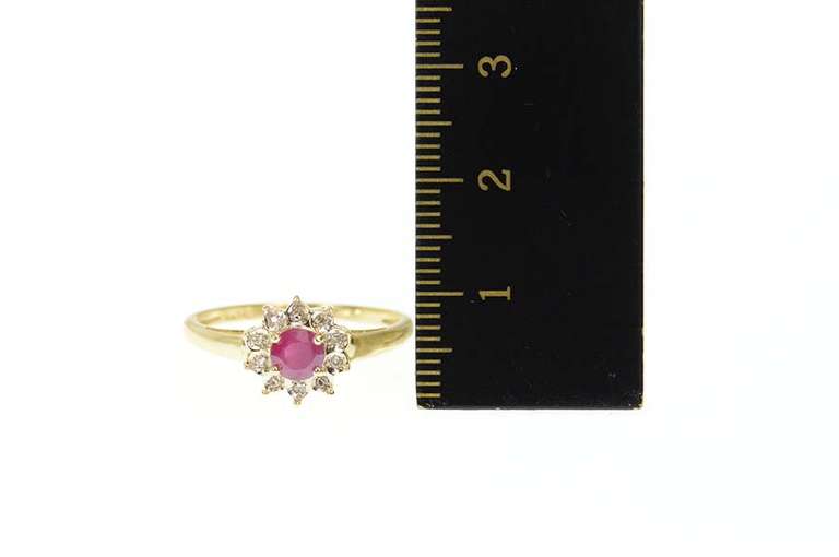 14K Yellow Gold Natural Ruby Diamond Halo Flower Engagement Ring
