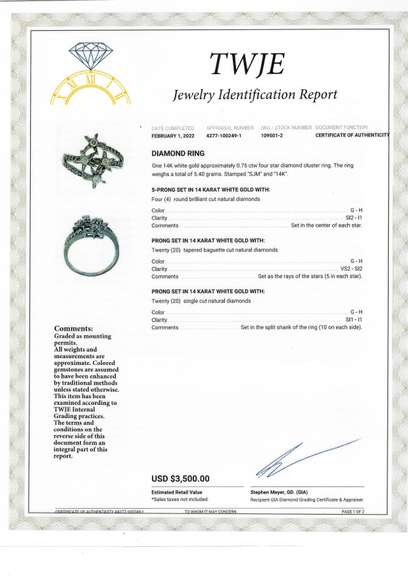 Fabulous White Gold Four Star Diamond Cluster Ring