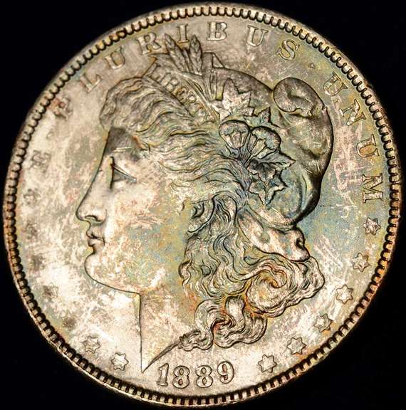 1889 Morgan Silver Dollar With Yellow, Blue, Green, Toning. BU