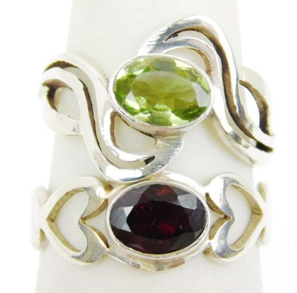 Peridot & Garnet Sterling Silver Rings, Size 5.5