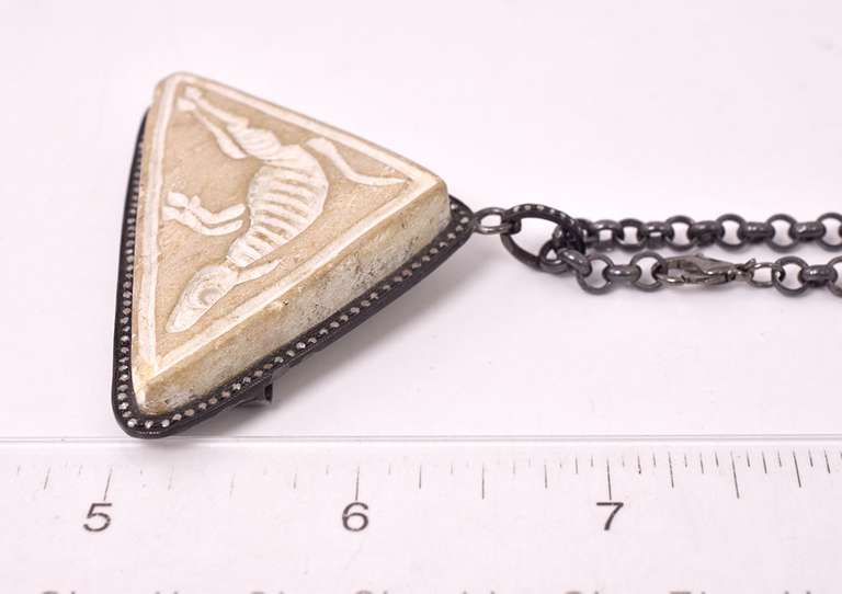 Intricate Carved Animal Agate and Diamond Pendant Necklace in Oxidized Sterling Silver