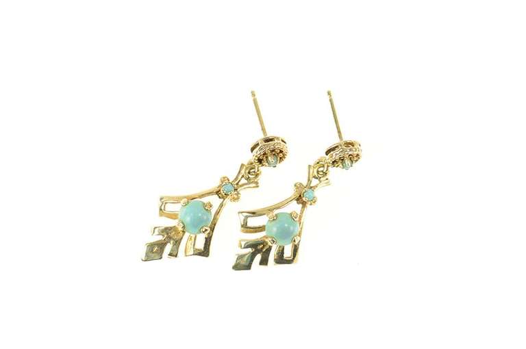 14K Yellow Gold Ornate Turquoise Ornamental Dangle Earrings