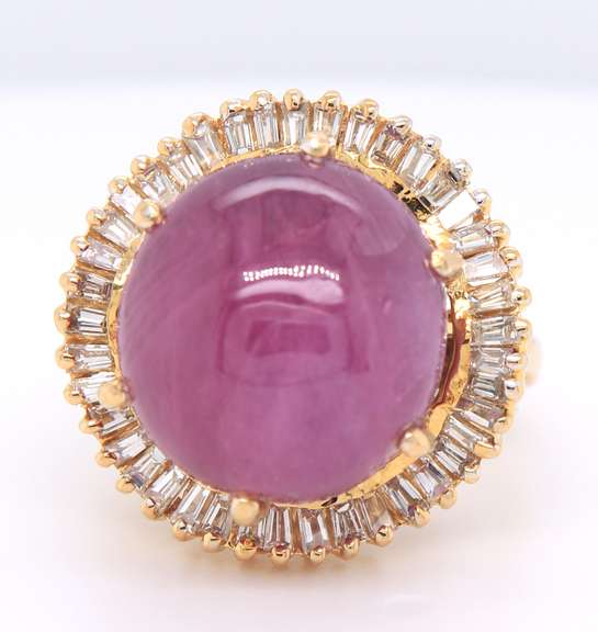 Opulent 14kt YG Cabochon Ruby with Wavy Baguette Halo Ring