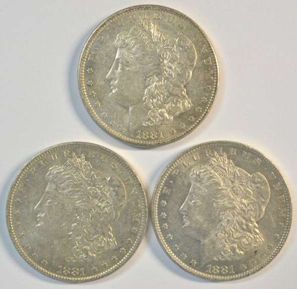 3 Real flashy-white 1881-O Morgan Silver Dollars
