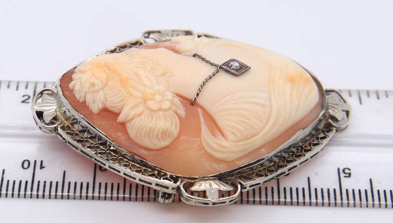 Antique Shell Cameo with Diamond Pendant Brooch
