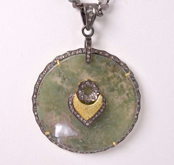 Incredible Vintage Jadeite and Diamond Pendant with Beaded Labradorite Necklace in Gold Plated Sterling Silver
