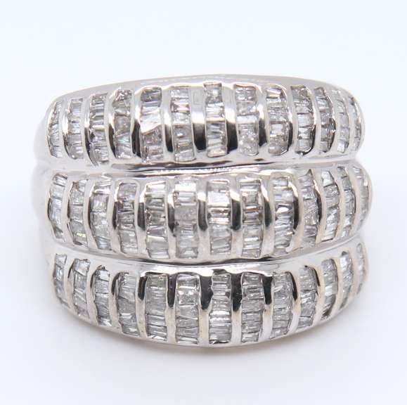 Powerful White Gold Triple Row Baguette Dome Ring