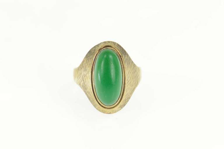 14K Yellow Gold Retro Green Agate Oval Cabochon Statement Ring