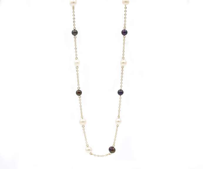 Elegant Black and White Pearl Station Necklace in 14K