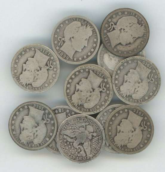 Group of 12 assorted mixed date Silver Barber Quarters