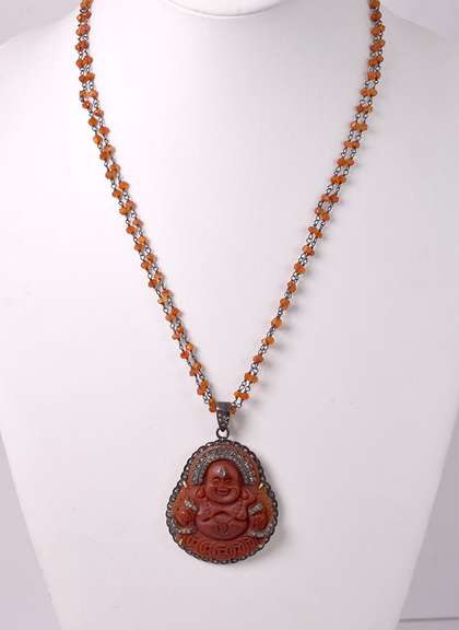 Incredible Vintage Hand Carved Carnelian and Diamond Pendant Necklace in Rhodium and Gold Plated Sterling Silver