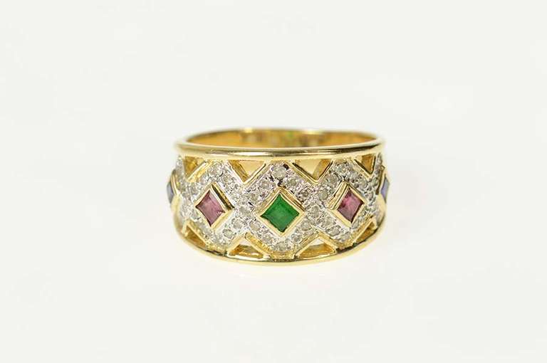 14K Yellow Gold Ornate Emerald Ruby Sapphire Diamond Band Ring