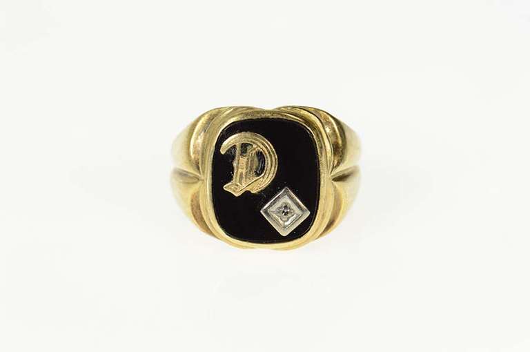 10K Yellow Gold Onyx D Monogram Letter Initial Diamond Ring