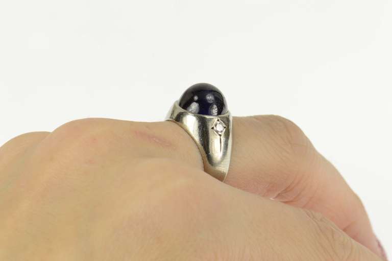 14K White Gold Retro Syn. Sapphire Diamond Accent Statement Ring