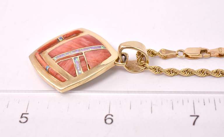 Beautiful Coral and Opal Pendant Necklace in 14K Yellow Gold