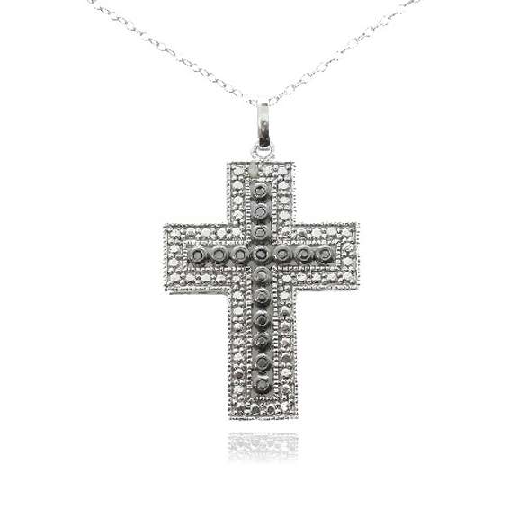 Sterling Silver Black & White Diamond Accent Cross Necklace