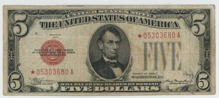 Very scarce 1928-C Series $5 Red Seal STAR note