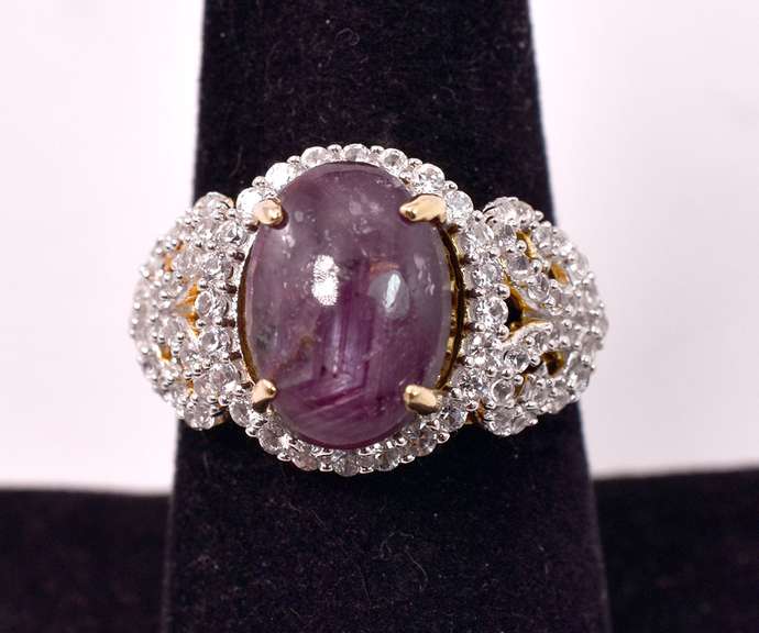 Sparkling 9.23CTS Cabochon-Cut Star Ruby and 1.07CTW White Sapphire Ring in Gold Plated Sterling Silver